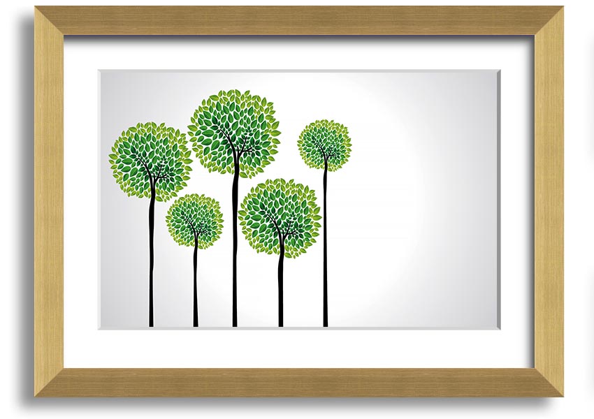 A beautifully framed Abstract Trees print showcasing unique abstract designs in vibrant colors, ready to hang on a wall.