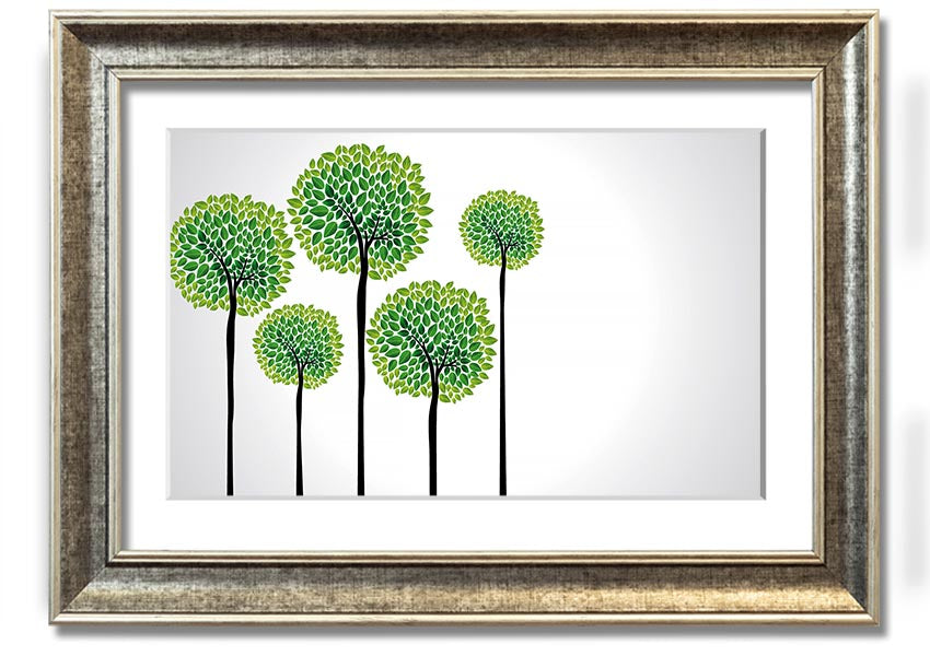 A beautifully framed Abstract Trees print showcasing unique abstract designs in vibrant colors, ready to hang on a wall.