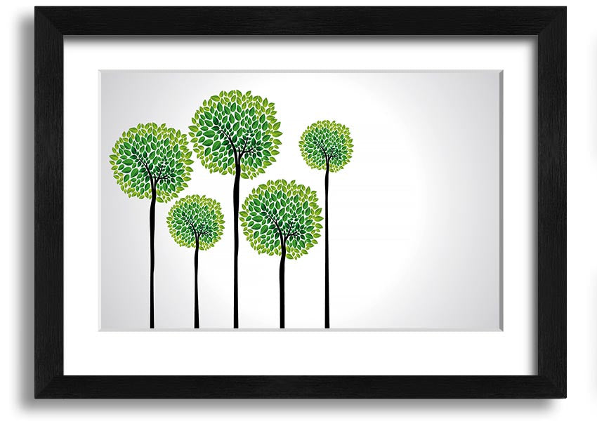 A beautifully framed Abstract Trees print showcasing unique abstract designs in vibrant colors, ready to hang on a wall.