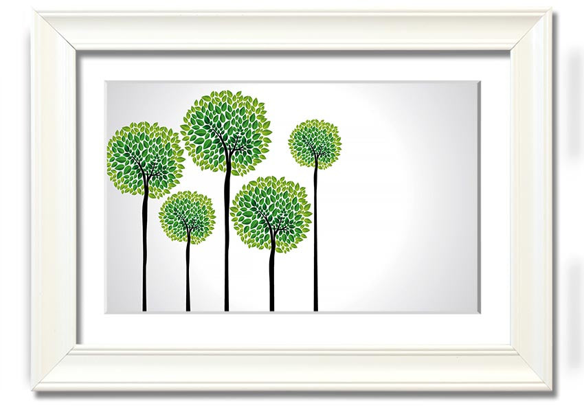 A beautifully framed Abstract Trees print showcasing unique abstract designs in vibrant colors, ready to hang on a wall.