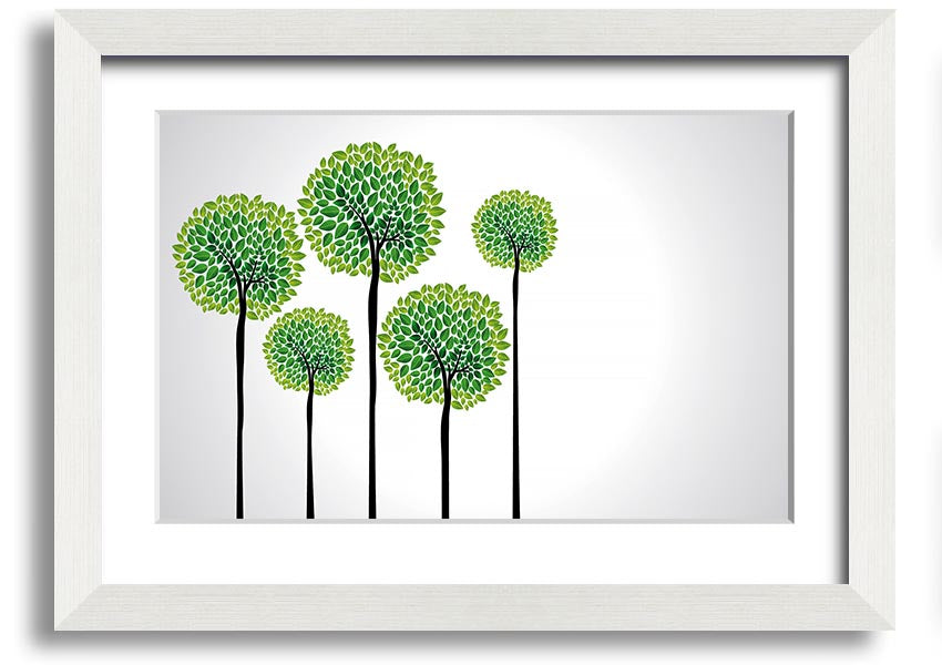 A beautifully framed Abstract Trees print showcasing unique abstract designs in vibrant colors, ready to hang on a wall.