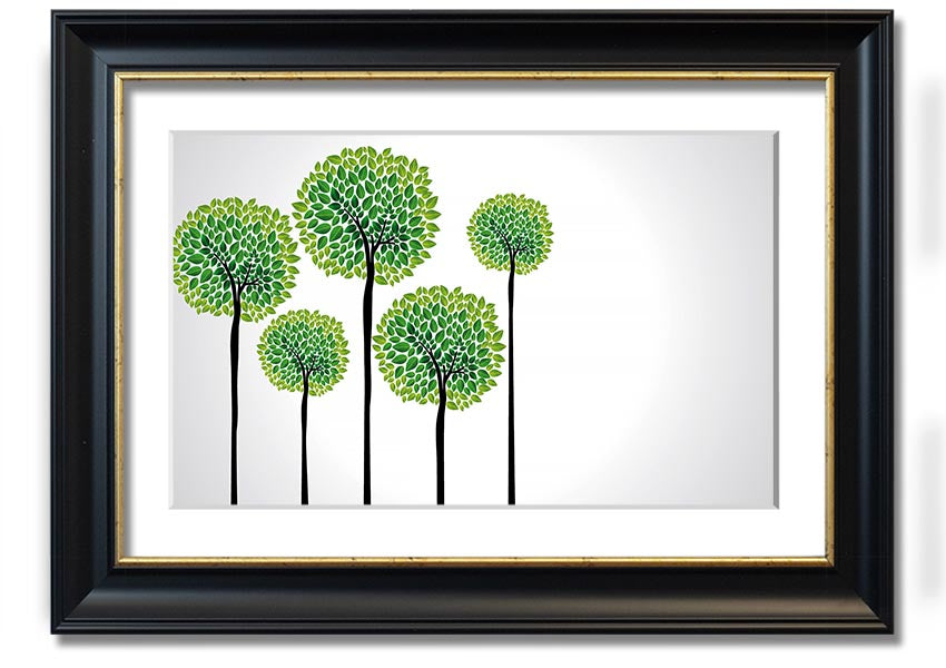 A beautifully framed Abstract Trees print showcasing unique abstract designs in vibrant colors, ready to hang on a wall.