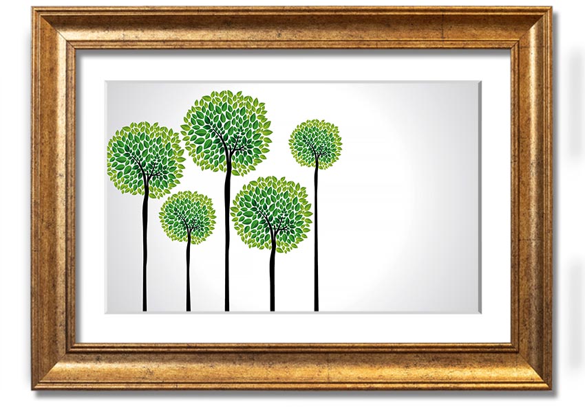 A beautifully framed Abstract Trees print showcasing unique abstract designs in vibrant colors, ready to hang on a wall.