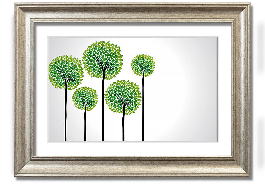 A beautifully framed Abstract Trees print showcasing unique abstract designs in vibrant colors, ready to hang on a wall.