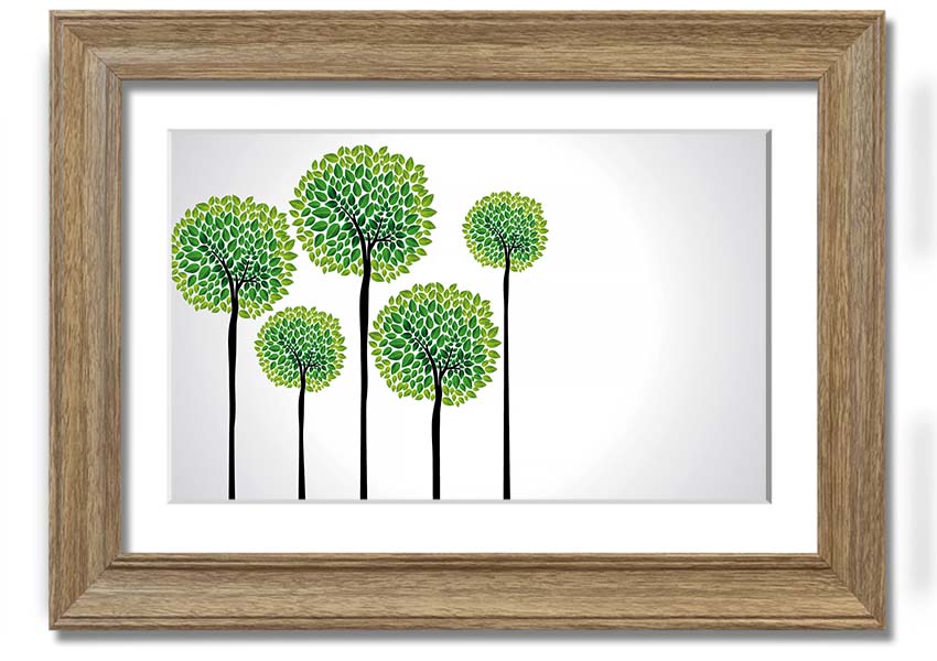 A beautifully framed Abstract Trees print showcasing unique abstract designs in vibrant colors, ready to hang on a wall.