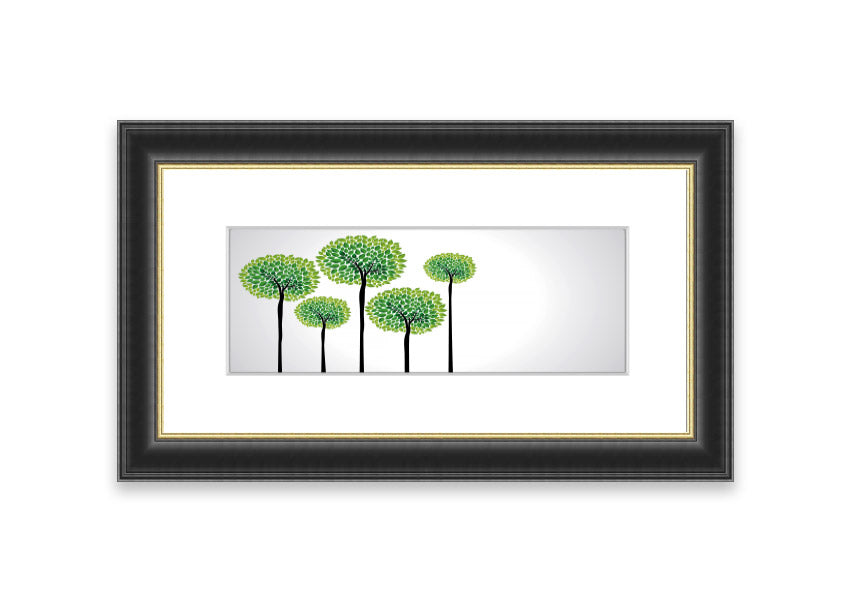 Framed print of abstract trees in vibrant colors, showcasing a unique artistic design, ready to hang.