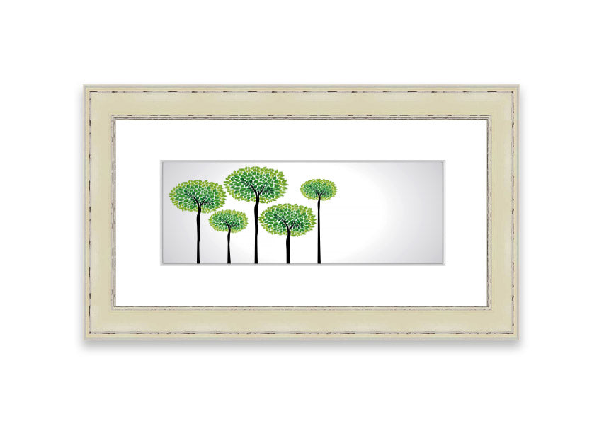 Framed print of abstract trees in vibrant colors, showcasing a unique artistic design, ready to hang.