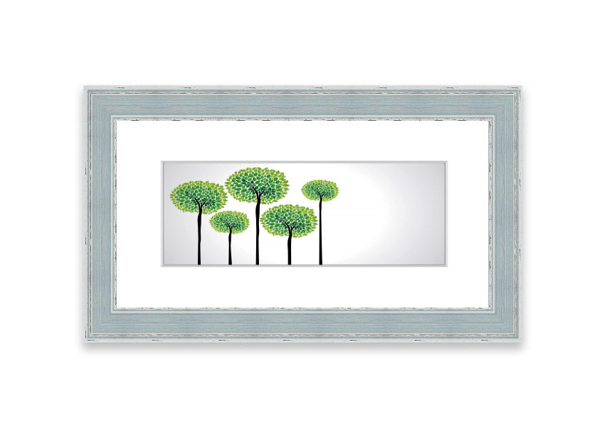 Framed print of abstract trees in vibrant colors, showcasing a unique artistic design, ready to hang.