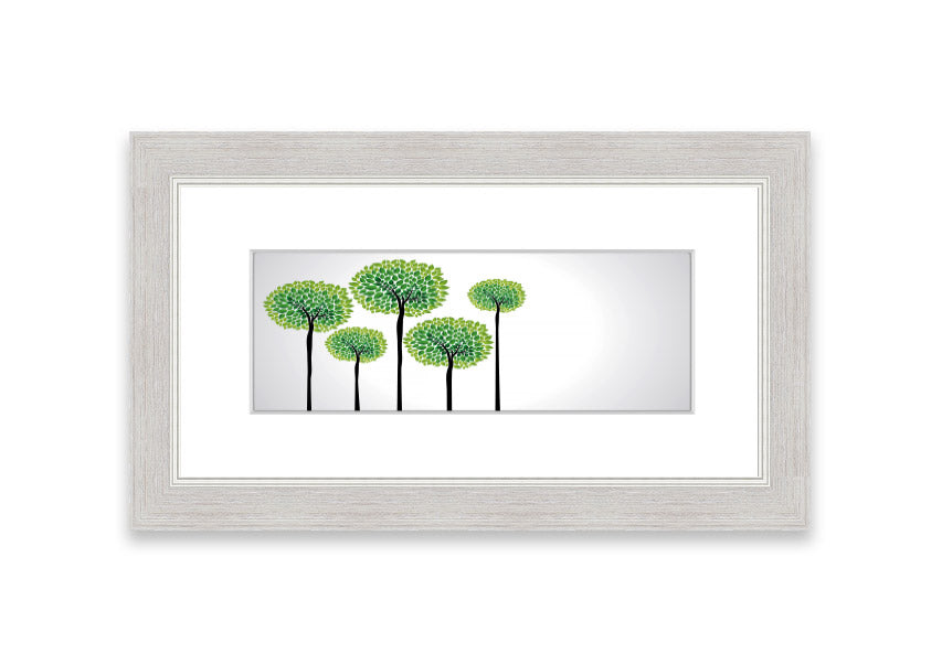 Framed print of abstract trees in vibrant colors, showcasing a unique artistic design, ready to hang.