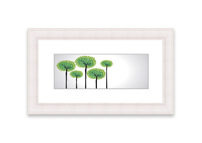 Framed print of abstract trees in vibrant colors, showcasing a unique artistic design, ready to hang.