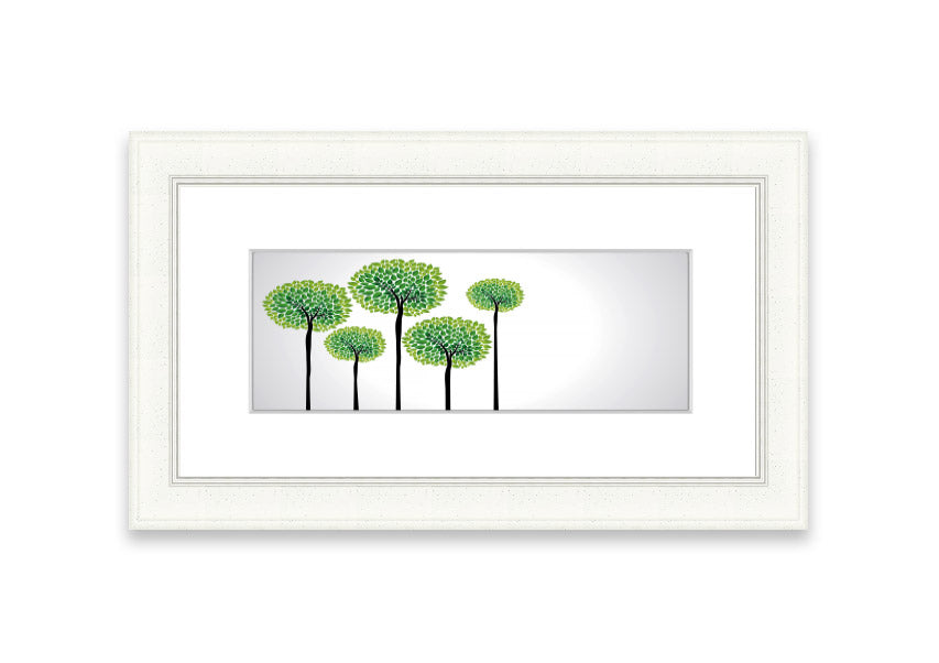 Framed print of abstract trees in vibrant colors, showcasing a unique artistic design, ready to hang.