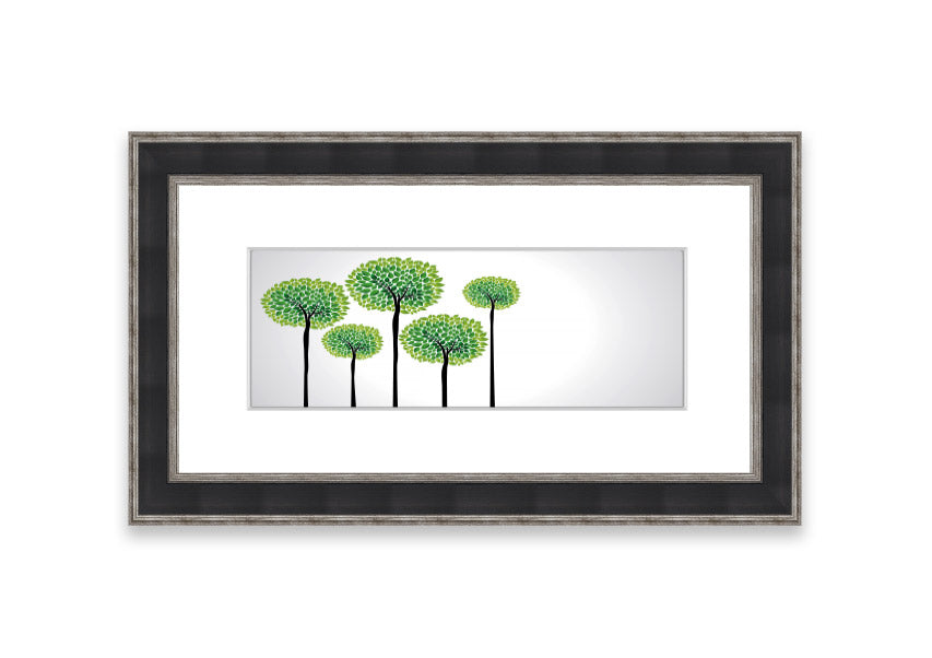 Framed print of abstract trees in vibrant colors, showcasing a unique artistic design, ready to hang.