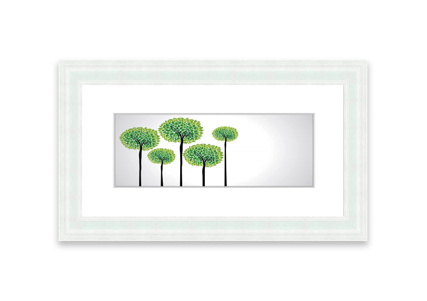 Framed print of abstract trees in vibrant colors, showcasing a unique artistic design, ready to hang.