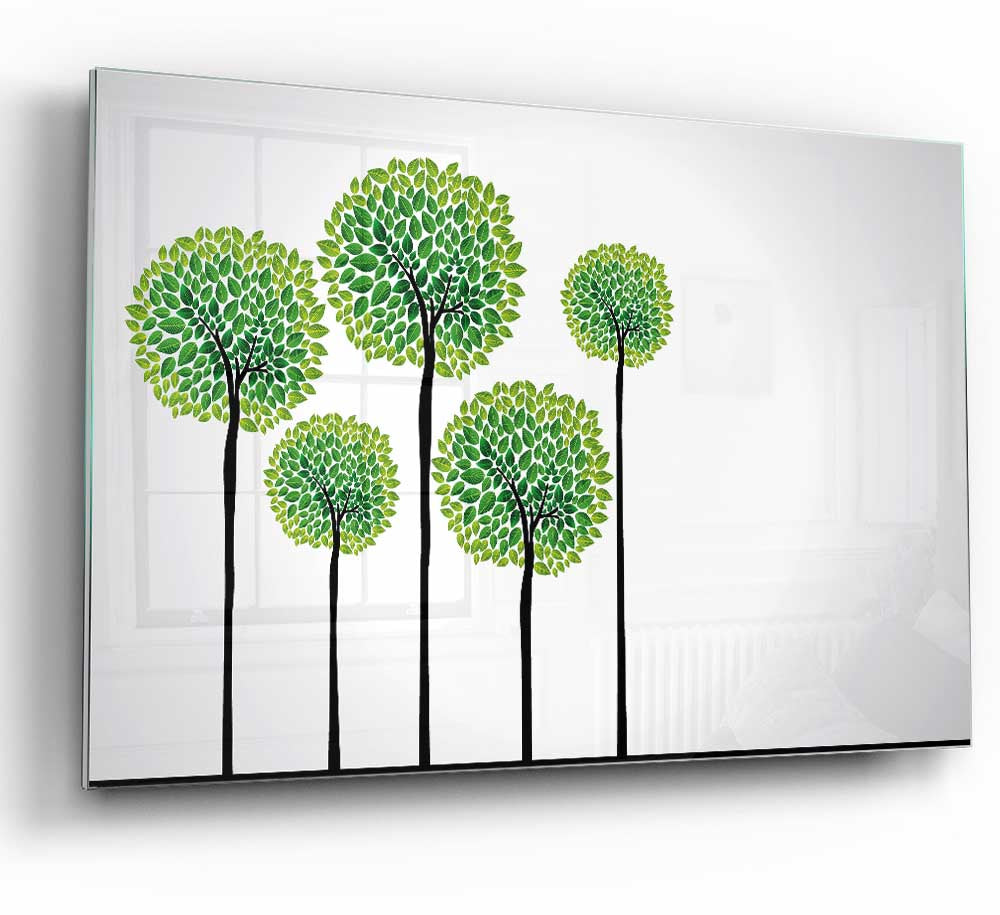 A modern glass print featuring abstract trees, showcasing vibrant colors and intricate details, perfect for home decor.