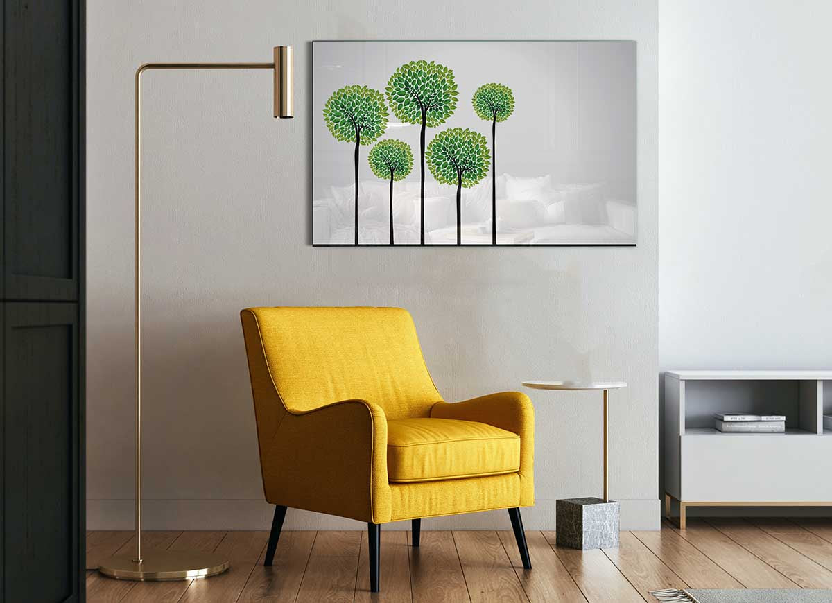 A modern glass print featuring abstract trees, showcasing vibrant colors and intricate details, perfect for home decor.