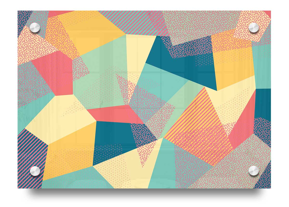 Abstract Triangles acrylic print showcasing vibrant geometric design on 5mm thick acrylic glass, ready to hang.