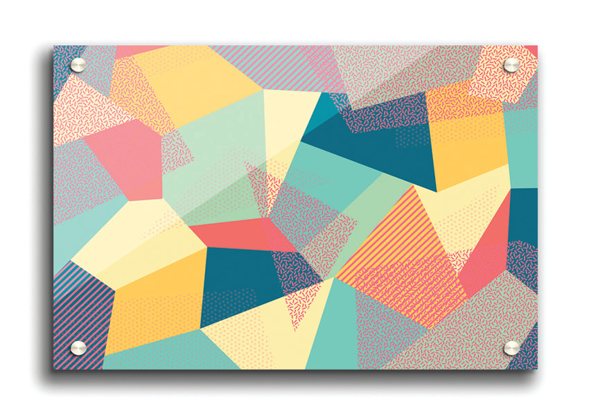 Abstract Triangles acrylic print showcasing vibrant geometric design on 5mm thick acrylic glass, ready to hang.