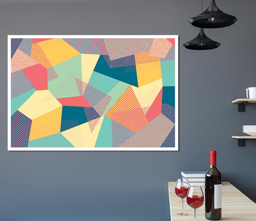 Abstract Triangles canvas poster featuring geometric shapes in vibrant colors, ready for display or framing.