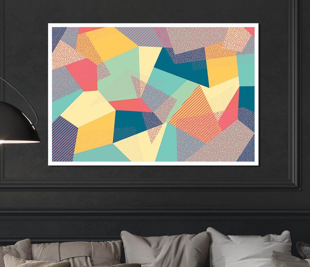 Abstract Triangles canvas poster featuring geometric shapes in vibrant colors, ready for display or framing.