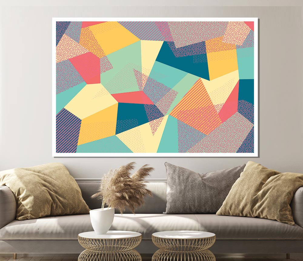 Abstract Triangles canvas poster featuring geometric shapes in vibrant colors, ready for display or framing.