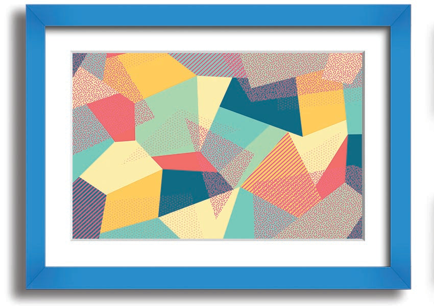 Framed print of Abstract Triangles design, showcasing vibrant colors and modern aesthetics, ready to hang.