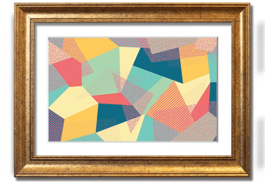 Framed print of Abstract Triangles design, showcasing vibrant colors and modern aesthetics, ready to hang.