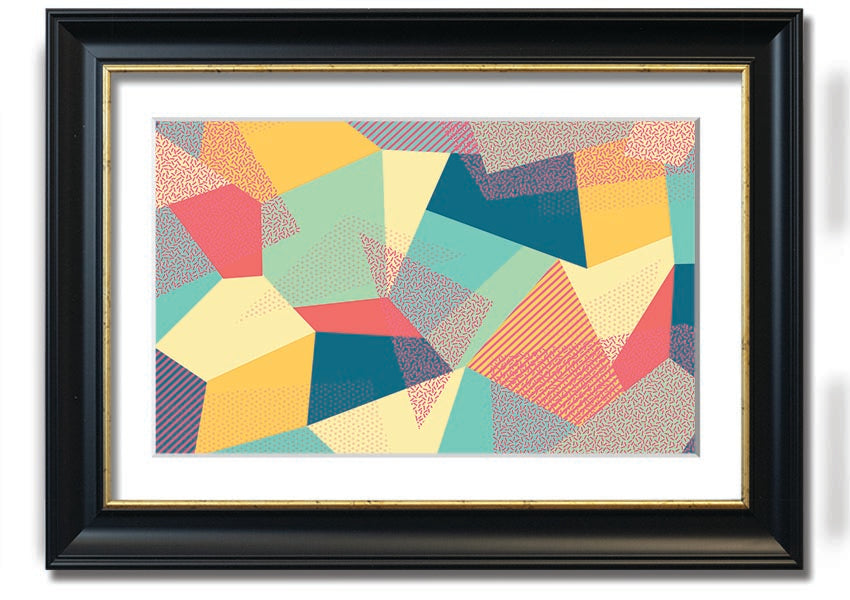 Framed print of Abstract Triangles design, showcasing vibrant colors and modern aesthetics, ready to hang.