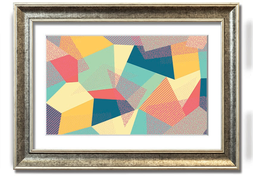 Framed print of Abstract Triangles design, showcasing vibrant colors and modern aesthetics, ready to hang.