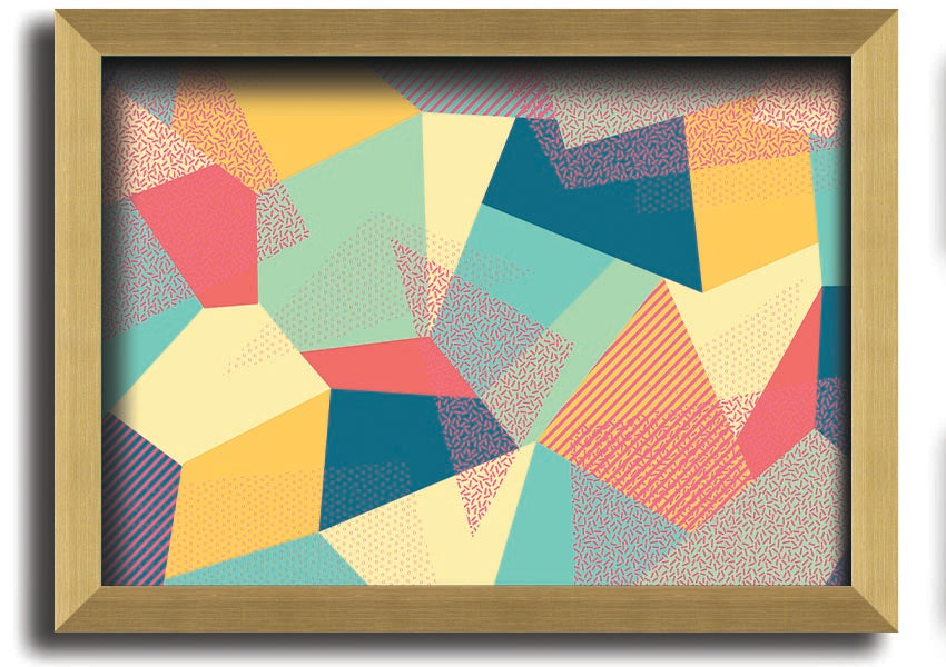 Framed print of Abstract Triangles design, showcasing vibrant colors and modern aesthetics, ready to hang.