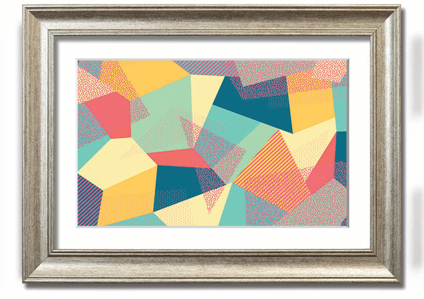 Framed print of Abstract Triangles design, showcasing vibrant colors and modern aesthetics, ready to hang.