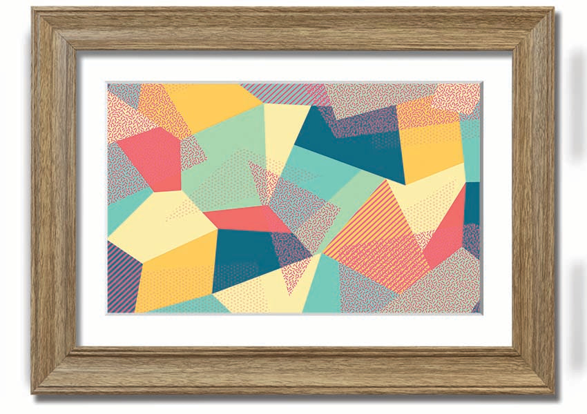 Framed print of Abstract Triangles design, showcasing vibrant colors and modern aesthetics, ready to hang.