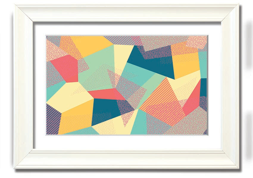 Framed print of Abstract Triangles design, showcasing vibrant colors and modern aesthetics, ready to hang.