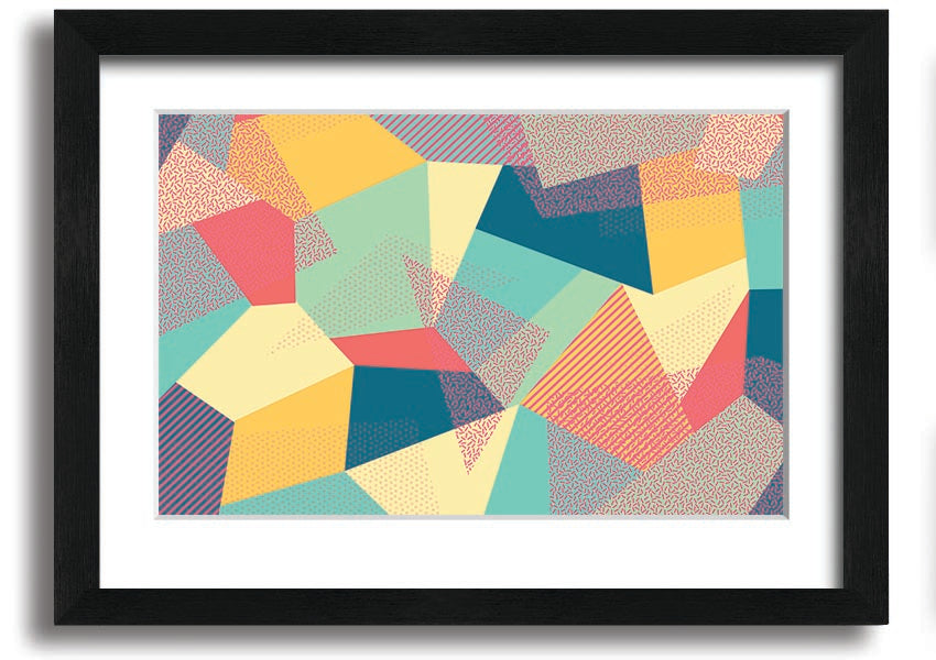 Framed print of Abstract Triangles design, showcasing vibrant colors and modern aesthetics, ready to hang.