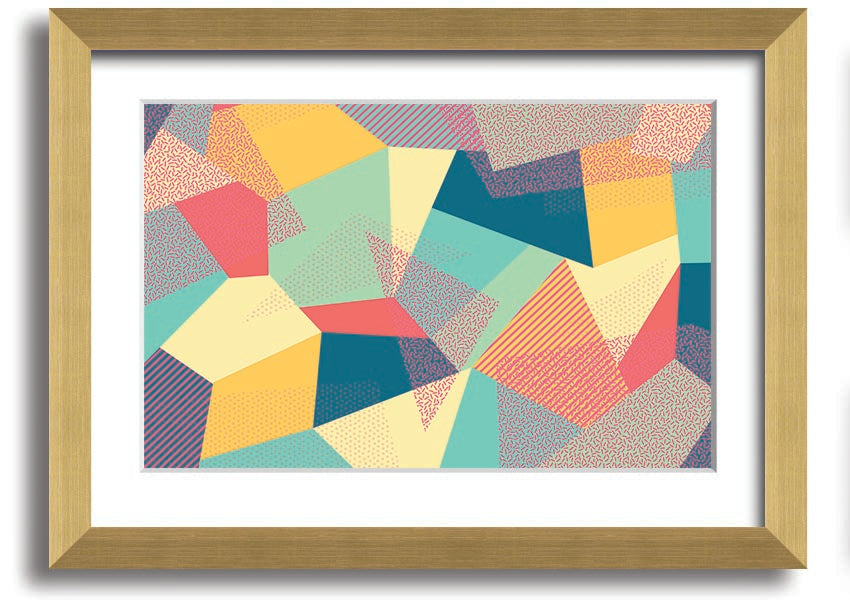 Framed print of Abstract Triangles design, showcasing vibrant colors and modern aesthetics, ready to hang.