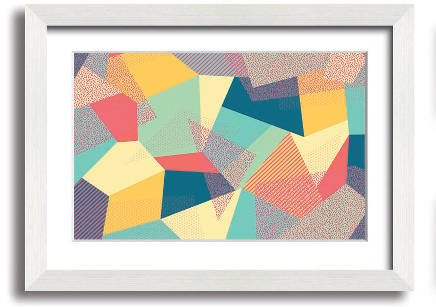 Framed print of Abstract Triangles design, showcasing vibrant colors and modern aesthetics, ready to hang.