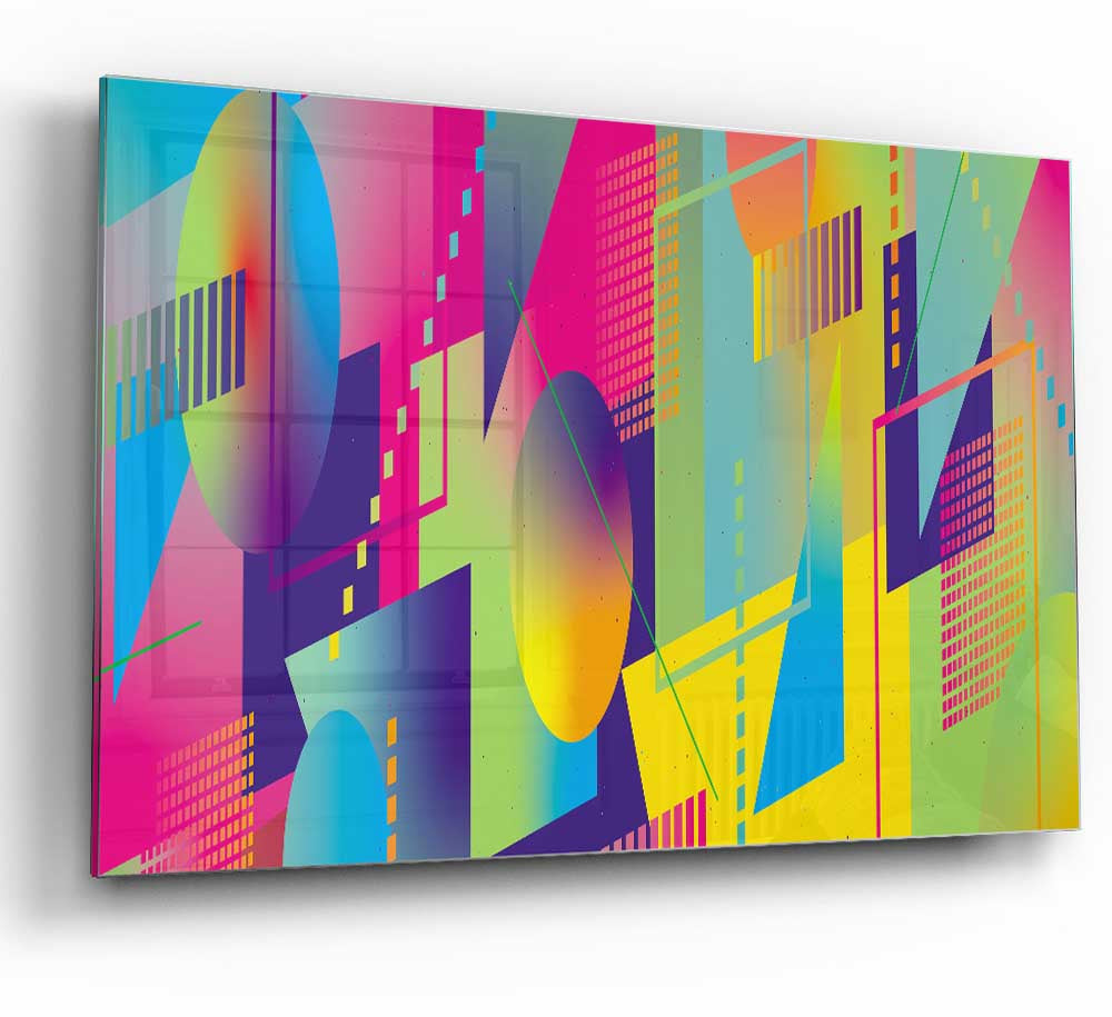 A modern glass print featuring abstract triangles and spheres in vibrant colors, perfect for home decor.