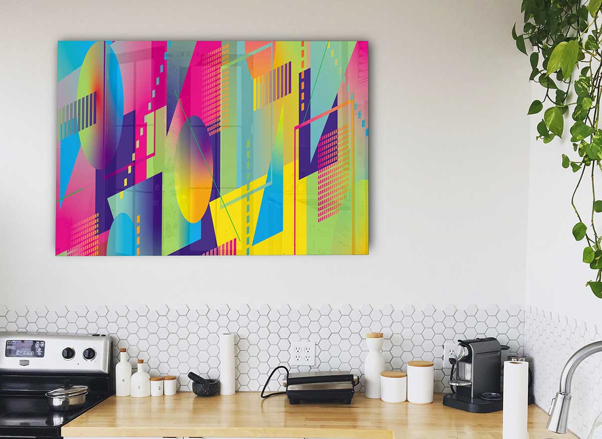 A modern glass print featuring abstract triangles and spheres in vibrant colors, perfect for home decor.