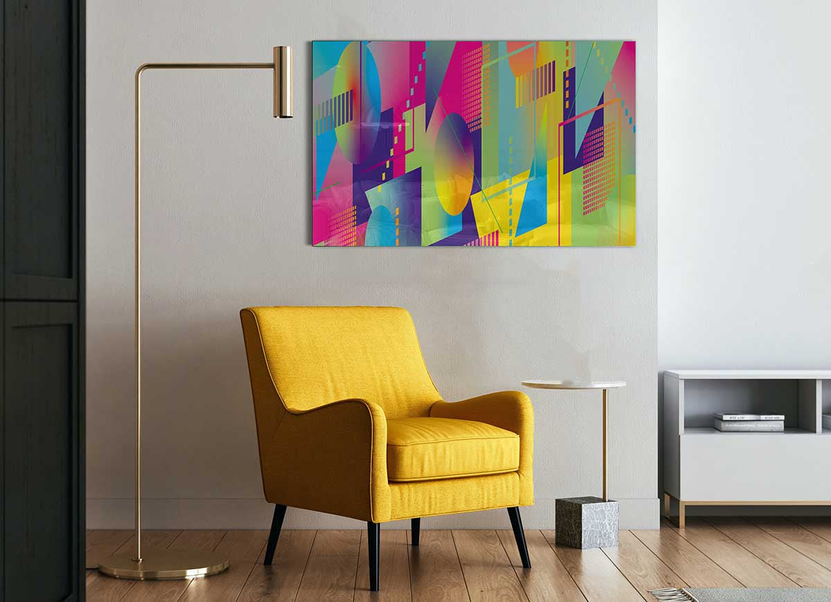 A modern glass print featuring abstract triangles and spheres in vibrant colors, perfect for home decor.