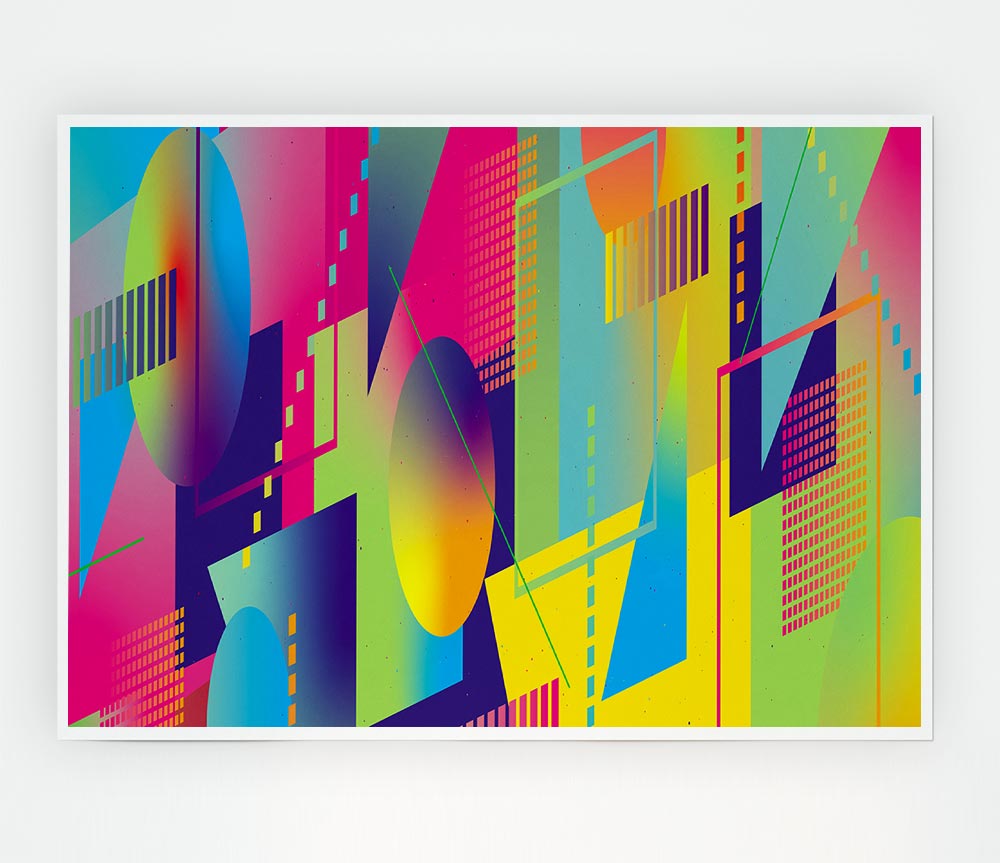 Abstract Triangles And Spheres canvas poster featuring geometric shapes in vibrant colors, perfect for modern decor.