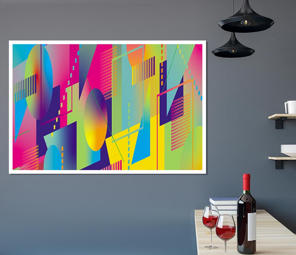 Abstract Triangles And Spheres canvas poster featuring geometric shapes in vibrant colors, perfect for modern decor.