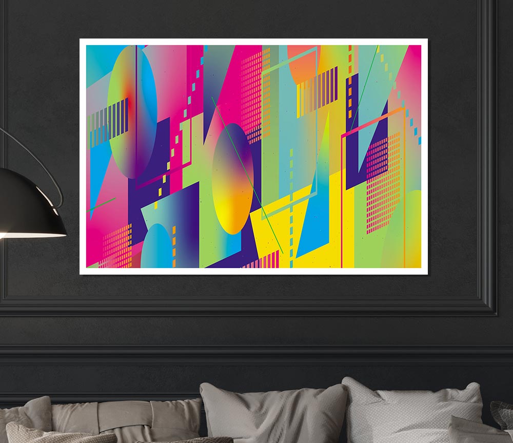 Abstract Triangles And Spheres canvas poster featuring geometric shapes in vibrant colors, perfect for modern decor.