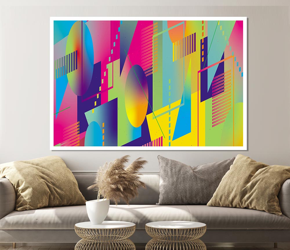 Abstract Triangles And Spheres canvas poster featuring geometric shapes in vibrant colors, perfect for modern decor.