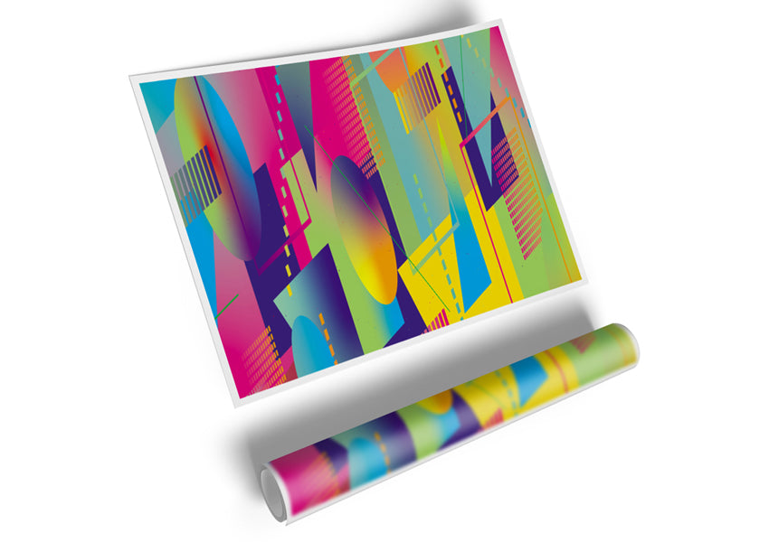 Abstract Triangles And Spheres canvas poster featuring geometric shapes in vibrant colors, perfect for modern decor.