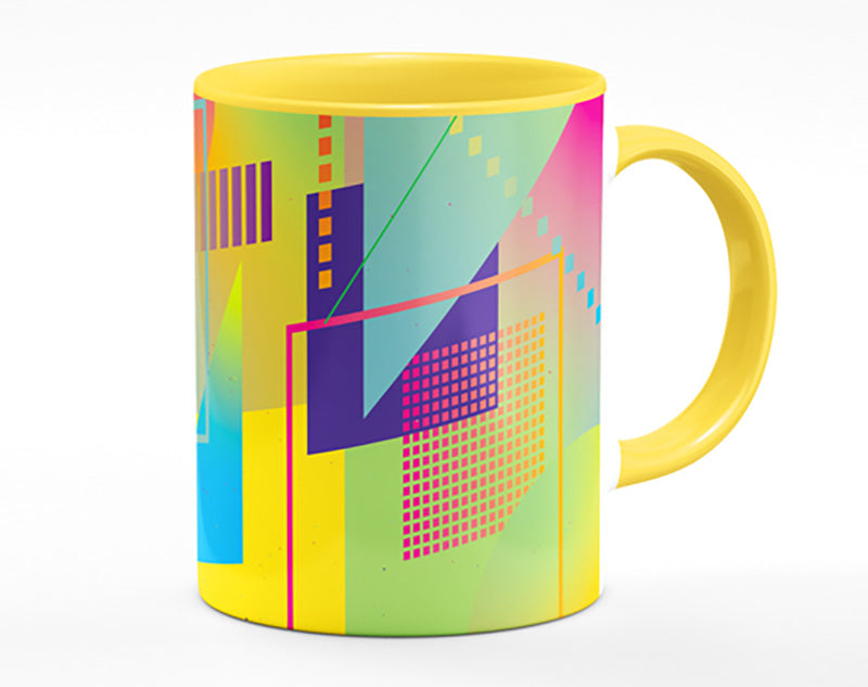 A vibrant Abstract Triangles and Spheres Mug showcasing colorful geometric designs with a polished ceramic finish.