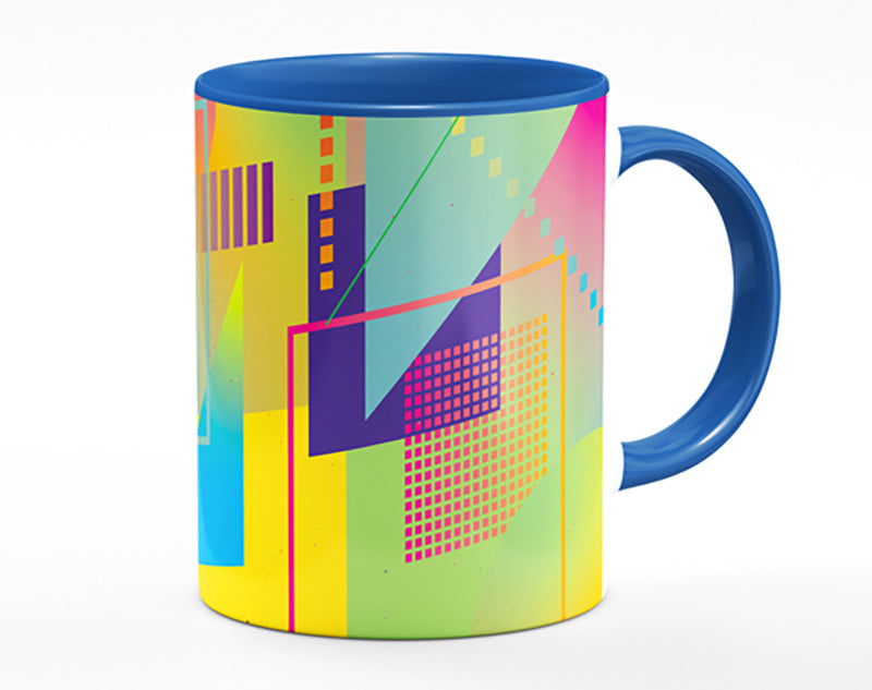 A vibrant Abstract Triangles and Spheres Mug showcasing colorful geometric designs with a polished ceramic finish.