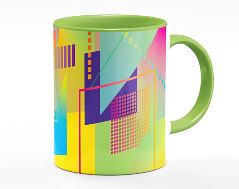 A vibrant Abstract Triangles and Spheres Mug showcasing colorful geometric designs with a polished ceramic finish.