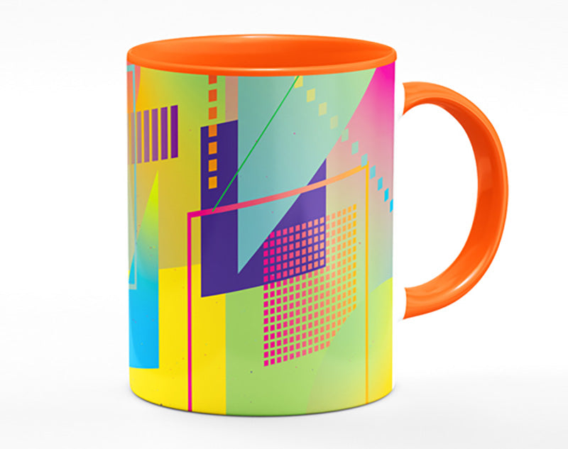 A vibrant Abstract Triangles and Spheres Mug showcasing colorful geometric designs with a polished ceramic finish.