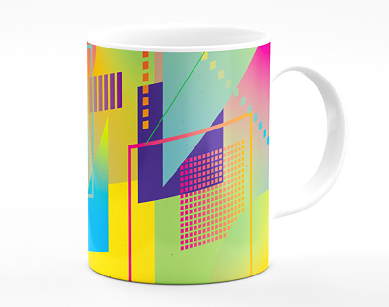 A vibrant Abstract Triangles and Spheres Mug showcasing colorful geometric designs with a polished ceramic finish.