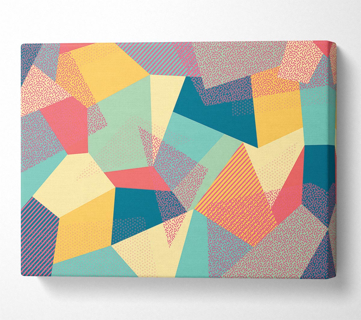 Abstract Triangles canvas art featuring vibrant geometric designs, mounted on a sturdy 44mm box frame, ready to hang.