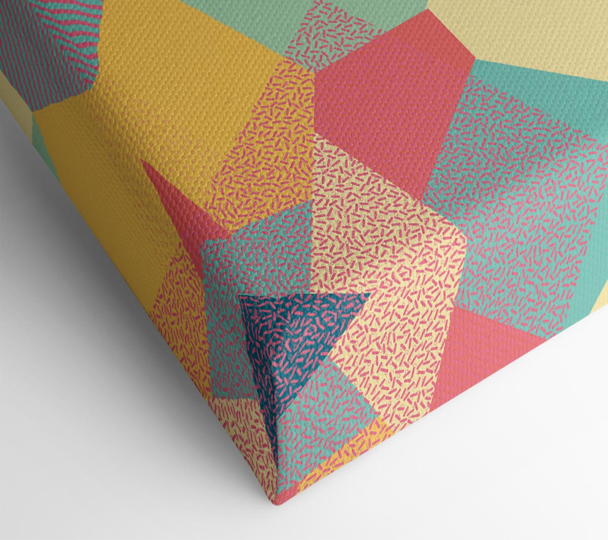 Abstract Triangles canvas art featuring vibrant geometric designs, mounted on a sturdy 44mm box frame, ready to hang.